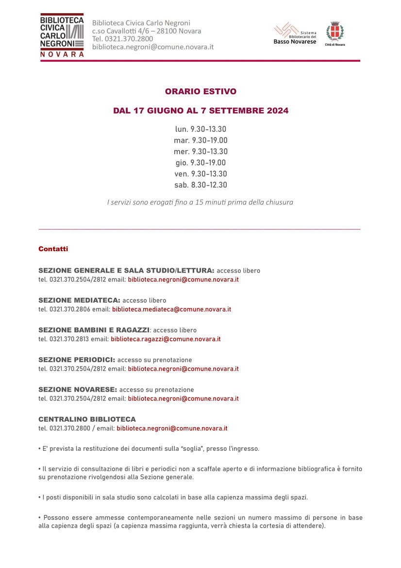 Orario estivo Biblioteca Civica Carlo Negroni