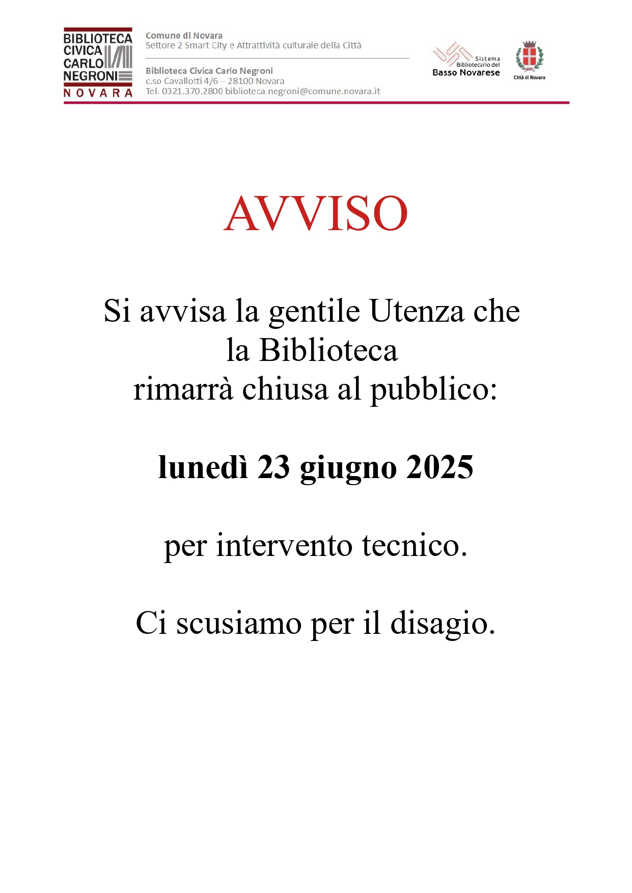 Chiusura straordinaria Biblioteca Negroni luned&igrave; 23 giugno 2025