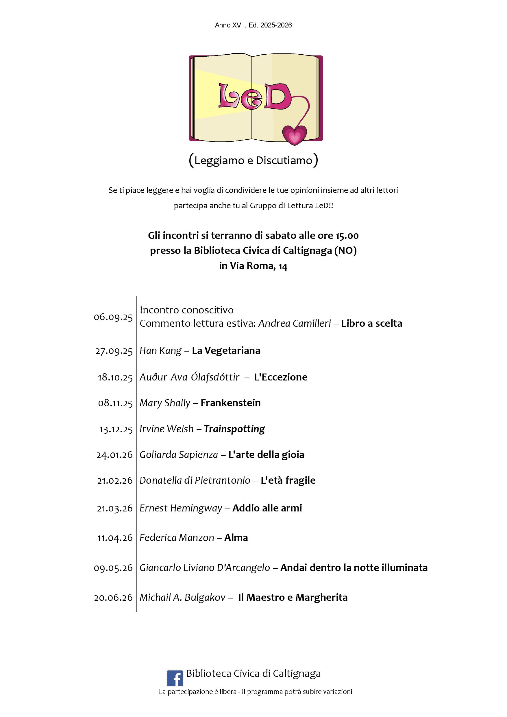 Gruppo di Lettura -Leggiamo e Discutiamo - Biblioteca Civica di Caltignaga