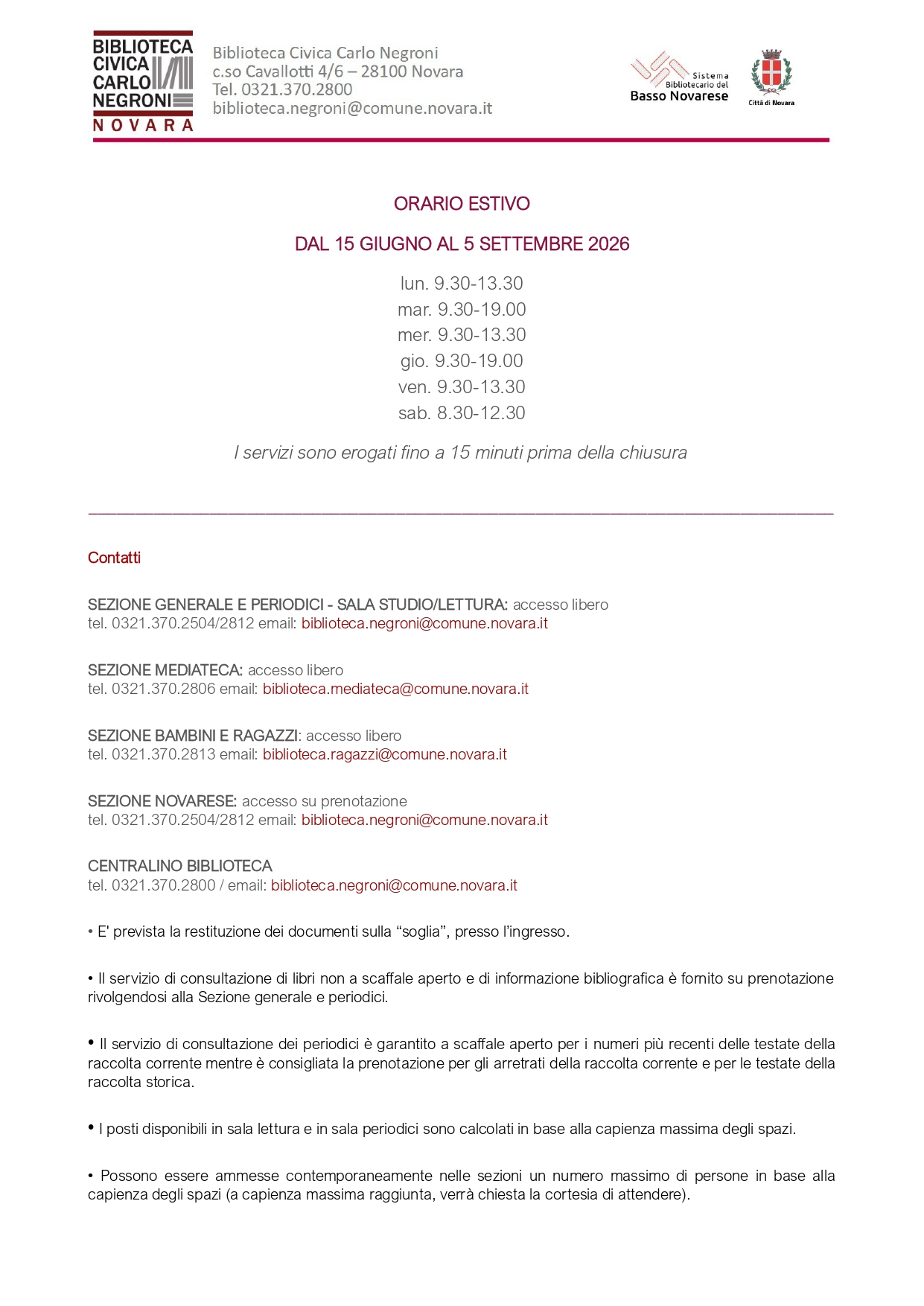 Orario estivo 2026